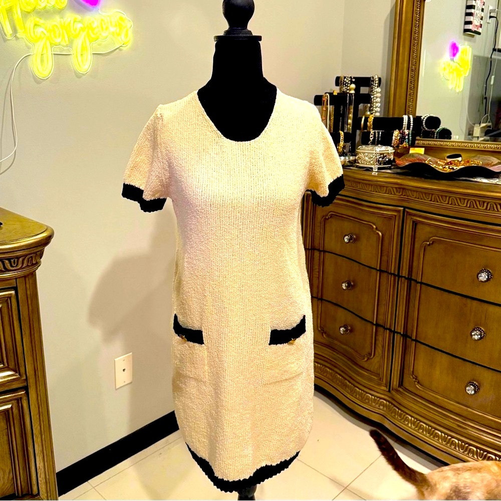 Zara Cream and Black Midi Dress